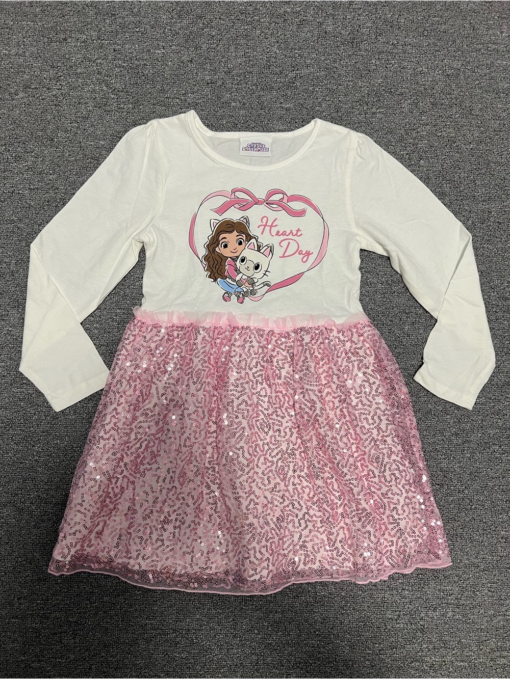 Gabby Dollhouse White & Pink Sequin Tulle Heart Day Kids Dress 6-7T